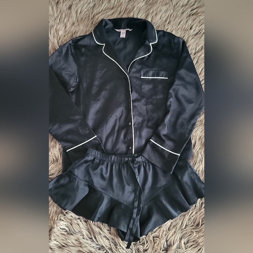 VICTORIA'S SECRET Black Satin Pajama Set with White Trim SMALL - Picture 2 of 4